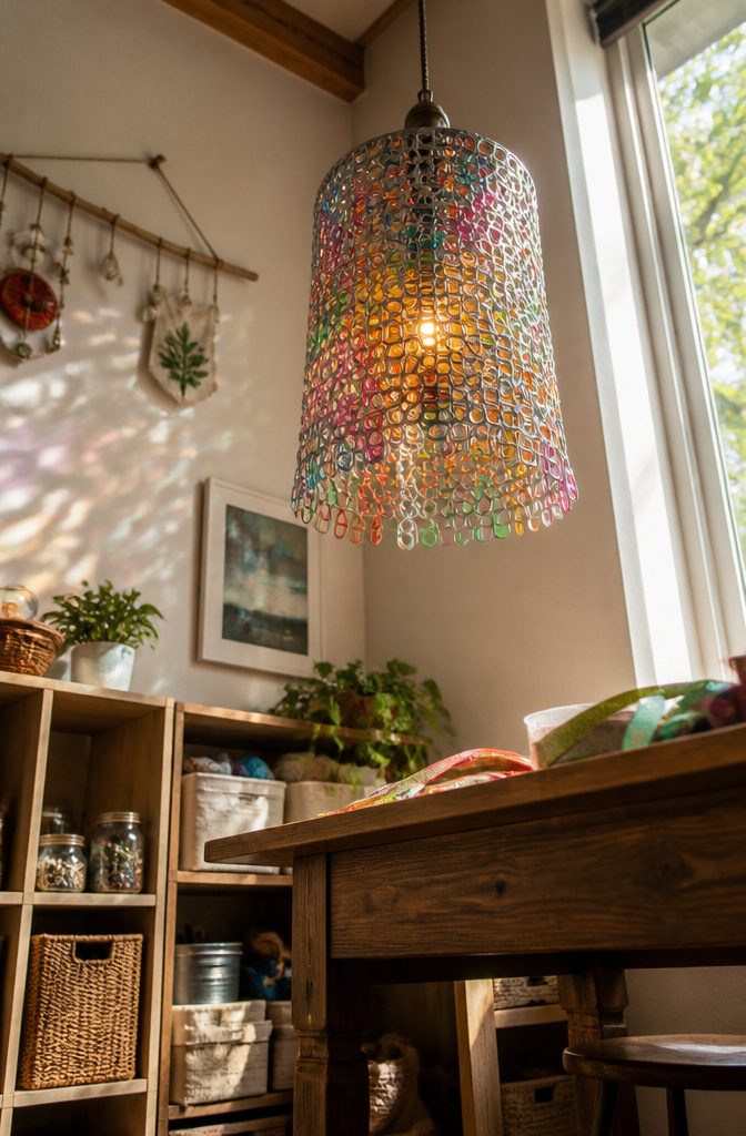 Pop Tab Crafts: Upcycled Projects Made From Soda Can Tabs 2 A lampshade crafted from various colored pop tabs.