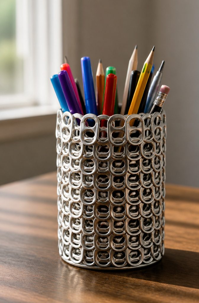 Pop Tab Crafts: Upcycled Projects Made From Soda Can Tabs 8 A pop tab pen holder made from a clean soup can.