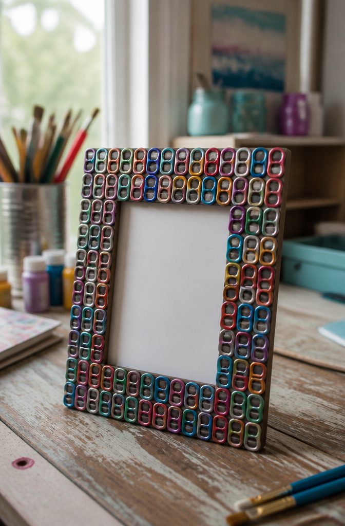 Pop Tab Crafts: Upcycled Projects Made From Soda Can Tabs 7 A picture frame decorated with colorful pop tabs.