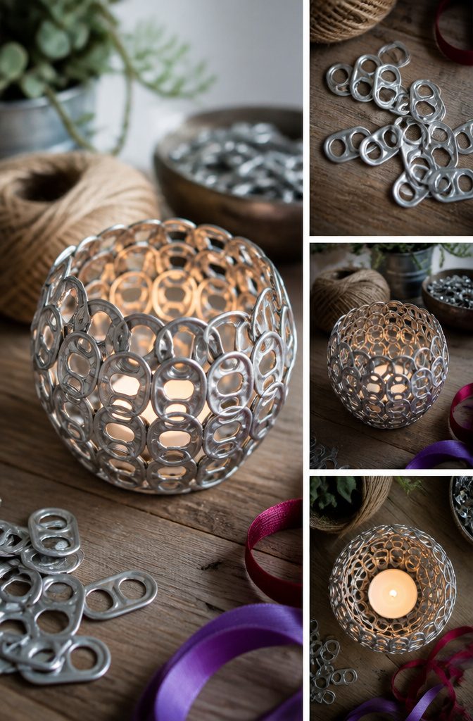Pop Tab Crafts: Upcycled Projects Made From Soda Can Tabs 20 A tea light holder created with linked pop tabs.