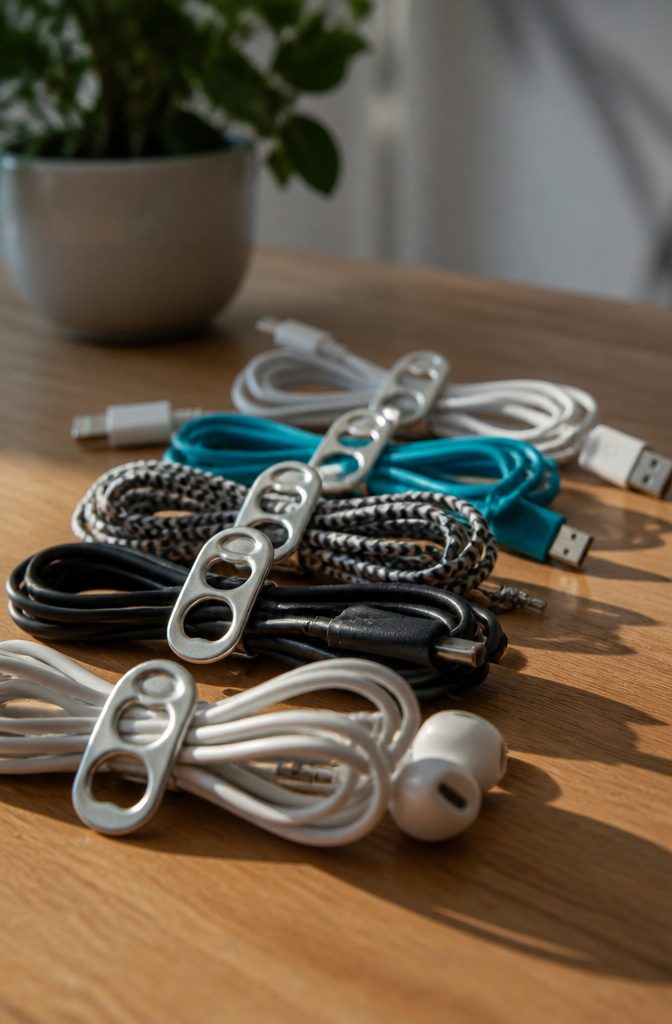 Pop Tab Crafts: Upcycled Projects Made From Soda Can Tabs 14 A pop tab used as a cord keeper for wires.