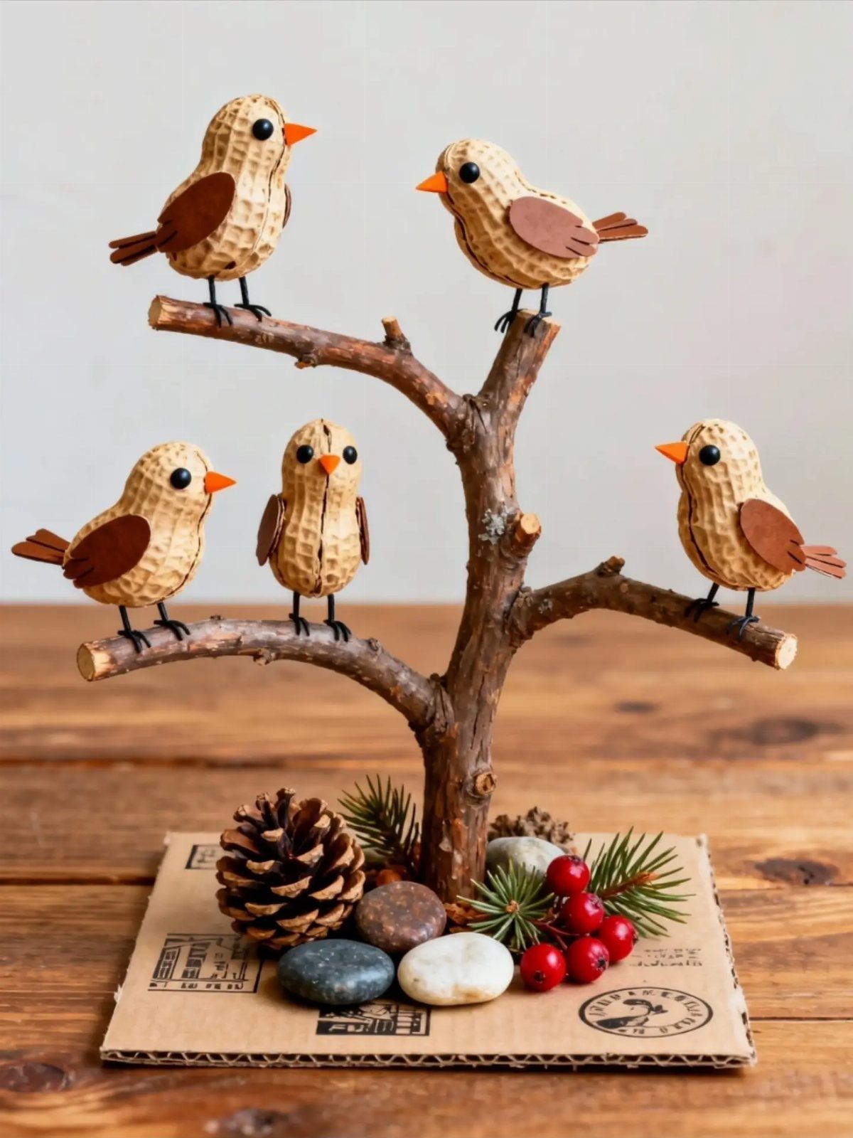 17 Recycled Art Projects for Kids and Adults to Make 15 Peanut shell birds perched on a wooden branch with pinecone and berries.