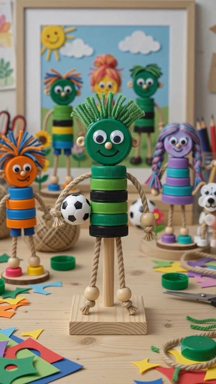 17 Recycled Art Projects for Kids and Adults to Make 17 Colorful figures made from stacked plastic bottle caps and wooden dowels on a table.
