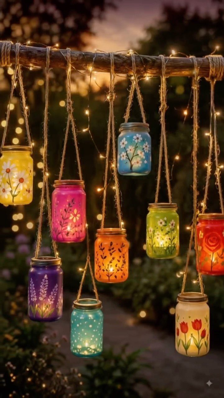 17 Recycled Art Projects for Kids and Adults to Make 8 Colorful painted mason jar lanterns hanging from a branch with twine and fairy lights.