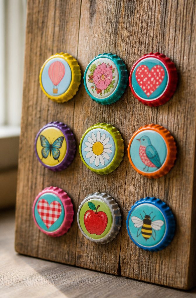 10 Recycling Craft Ideas Using Jars, Cans and Cardboard 8 Colorful bottle cap magnets decorated with magazine cutouts and glaze.