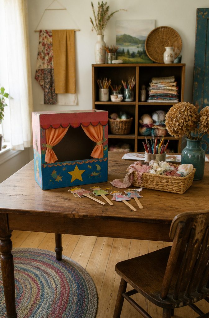 10 Recycling Craft Ideas Using Jars, Cans and Cardboard 7 Cereal box turned into a puppet theater with painted decorations.