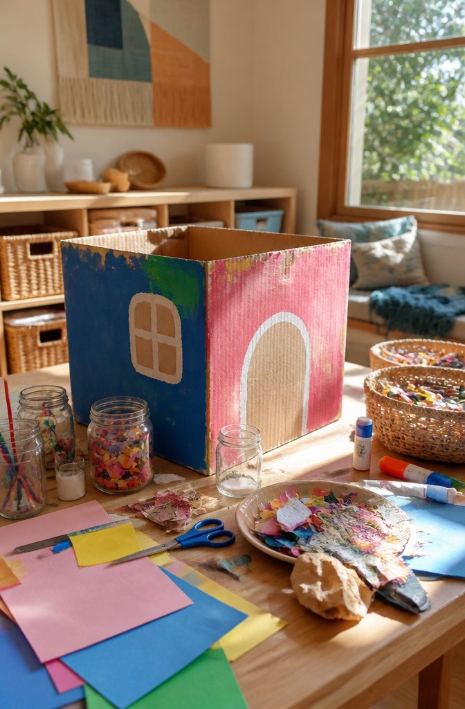 10 Recycling Craft Ideas Using Jars, Cans and Cardboard 13 Sunny craft table with jars, scrap paper, and a half-painted cardboard box.