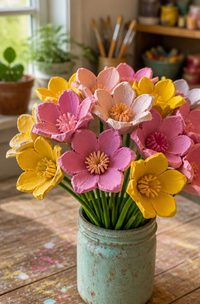 10 Recycling Craft Ideas Using Jars, Cans and Cardboard 1 Colorful flowers made from cut paper egg cartons arranged together.