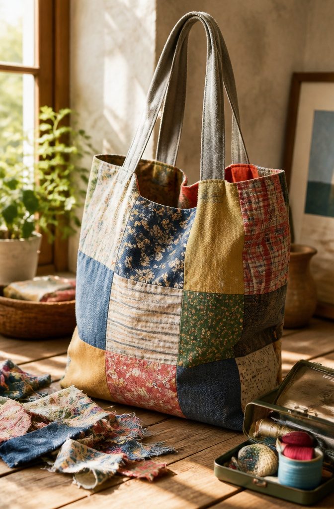 10 Recycling Craft Ideas Using Jars, Cans and Cardboard 9 A patchwork tote bag made from various pieces of fabric.