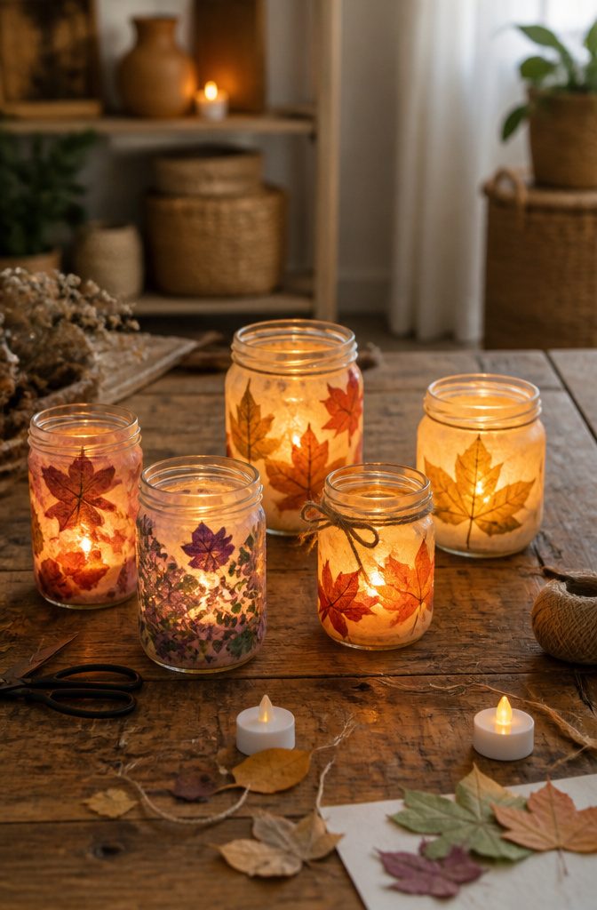 10 Recycling Craft Ideas Using Jars, Cans and Cardboard 5 Decorated glass jar candle holders with tealights illuminating their surfaces.