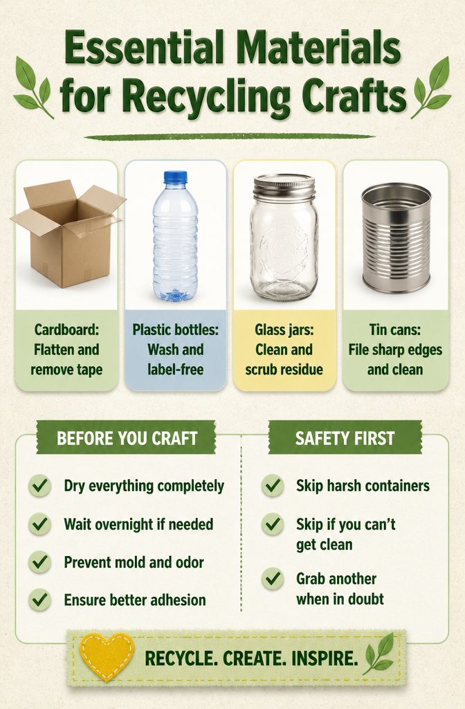 10 Recycling Craft Ideas Using Jars, Cans and Cardboard 11 List of materials for recycling crafts, including cardboard and plastic bottles.
