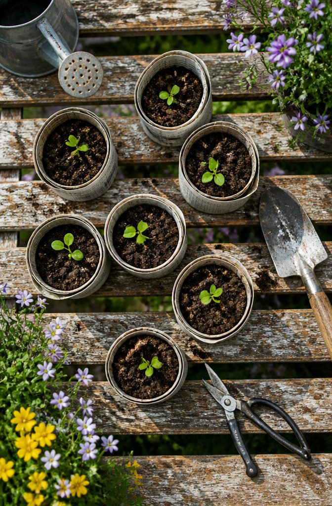 10 Recycling Craft Ideas Using Jars, Cans and Cardboard 6 Newspaper pots filled with soil and seeds, ready for planting.