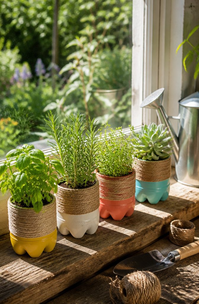 10 Recycling Craft Ideas Using Jars, Cans and Cardboard 2 Decorated plastic bottle planters filled with herbs and succulents on a windowsill.