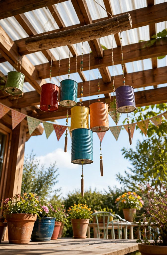 10 Recycling Craft Ideas Using Jars, Cans and Cardboard 3 Several painted tin cans with holes for wind chimes, hanging on a stick.