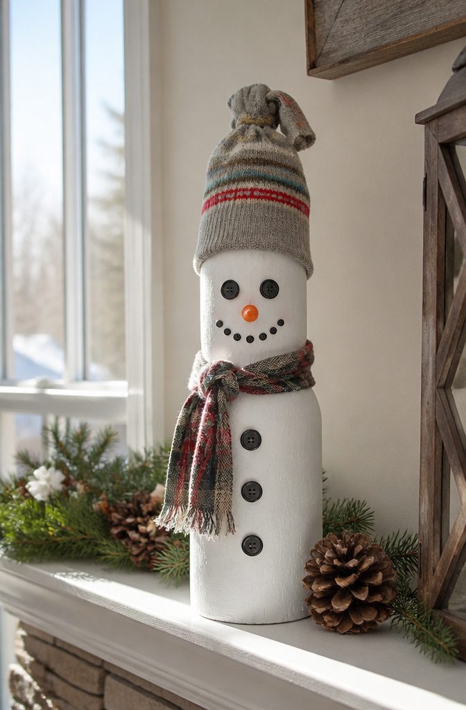 10 Recycling Craft Ideas Using Jars, Cans and Cardboard 10 Wine bottle painted as a snowman, wearing a knitted hat and scarf.