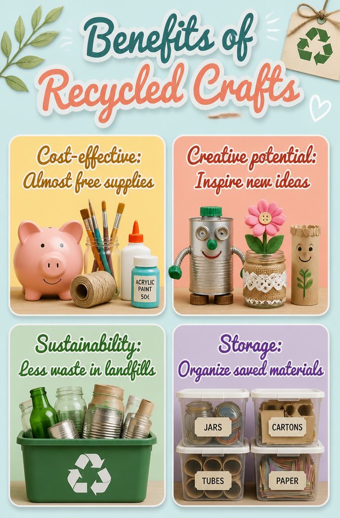 10 Recycling Craft Ideas Using Jars, Cans and Cardboard 12 Illustration of benefits of recycled crafts, highlighting cost-effectiveness.