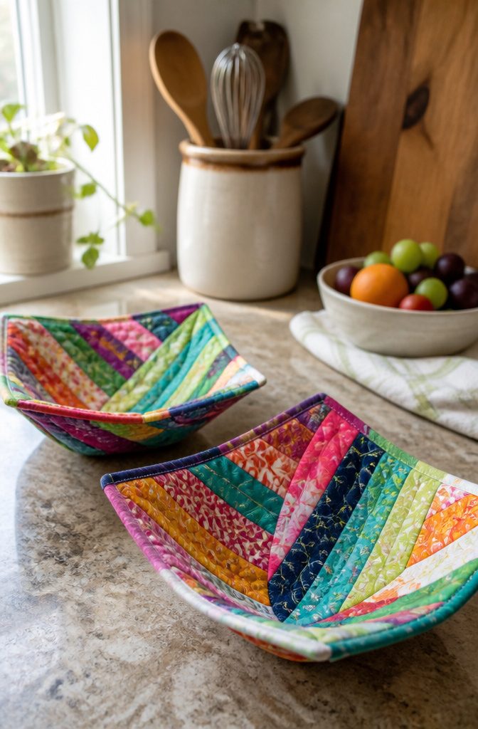 Two bowl cozies made from cotton fabric scraps displayed on a table.