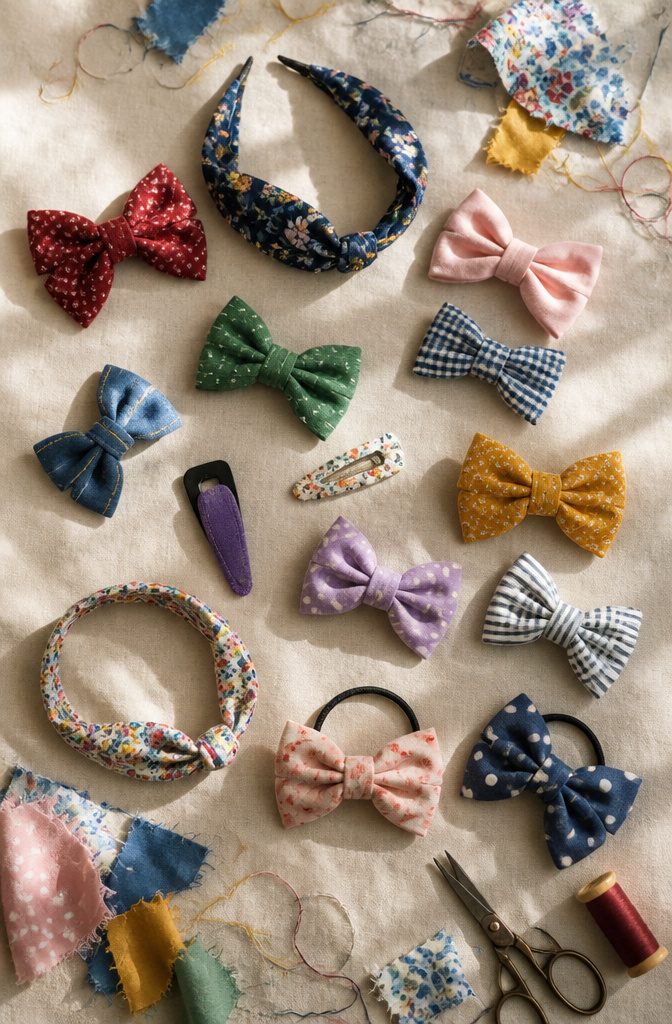Hair accessories including bows and headbands made from scrap fabric.