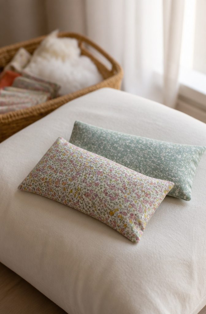 Two eye pillows made from soft fabric scraps resting on a table.