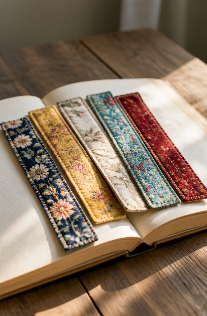 A set of fabric bookmarks crafted from small fabric scraps.