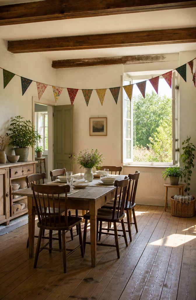 String of fabric bunting in different prints and colors hanging decoratively.