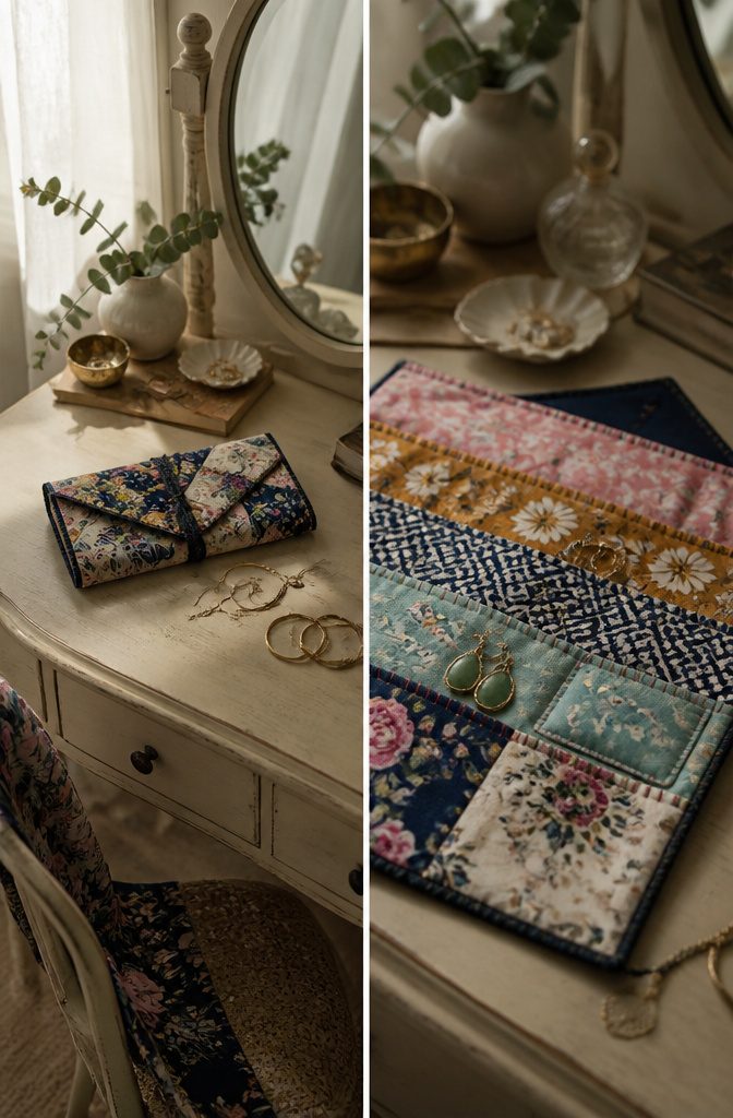 Fabric jewelry cases made from patchwork scraps displayed on a table.