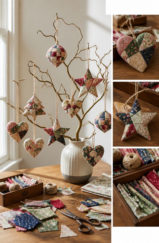 A collection of fabric ornaments created from small scraps of fabric.