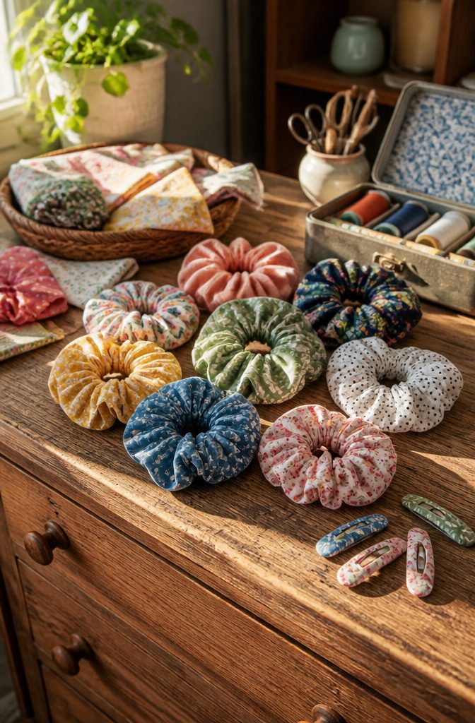 Colorful fabric scrunchies displayed on a wooden dresser with a sewing kit.