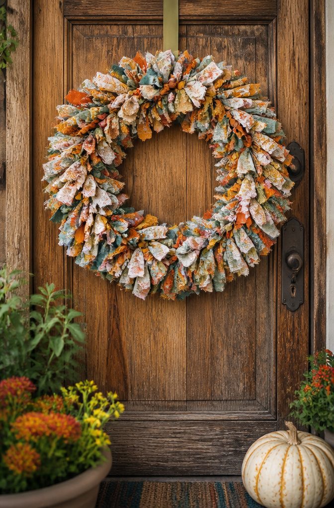 Fabric wreath created from tied fabric strips on a decorative ring.
