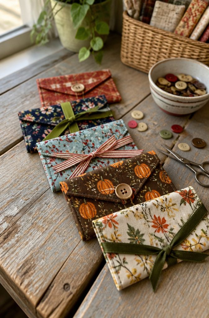 Colorful gift card holders made from various scrap fabrics on a table.