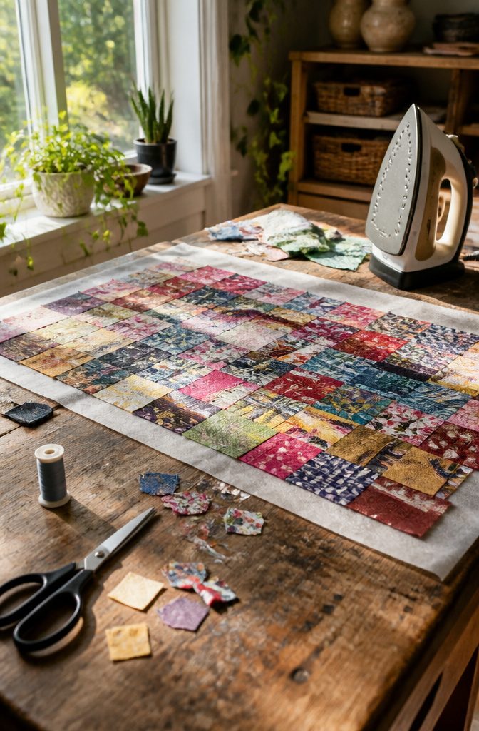 A patchwork of tiny fabric scraps attached to fusible interfacing.