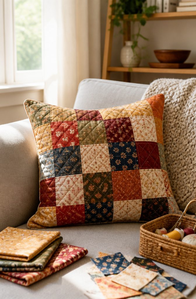 Patchwork pillow on a couch, featuring various fabric scraps in warm hues.