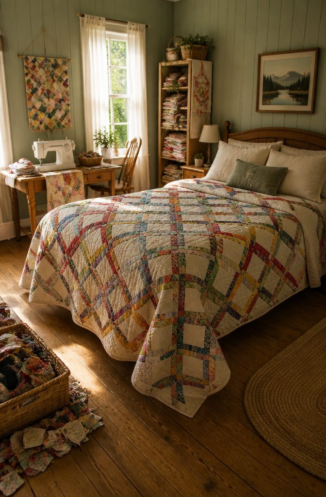 Colorful patchwork quilt displayed on a bed made from multiple fabric scraps.