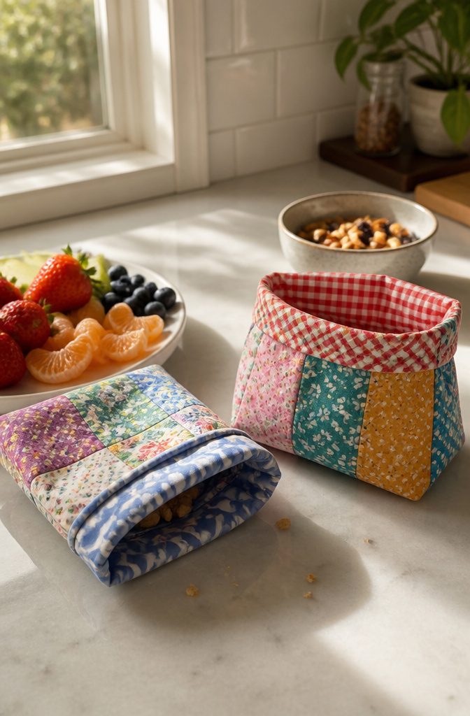 Two colorful reusable snack bags on a kitchen counter next to fruit.
