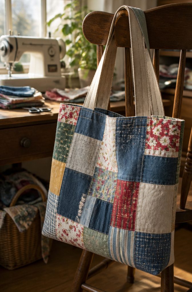 Colorful tote bag created from sewn fabric scraps with sturdy handles.