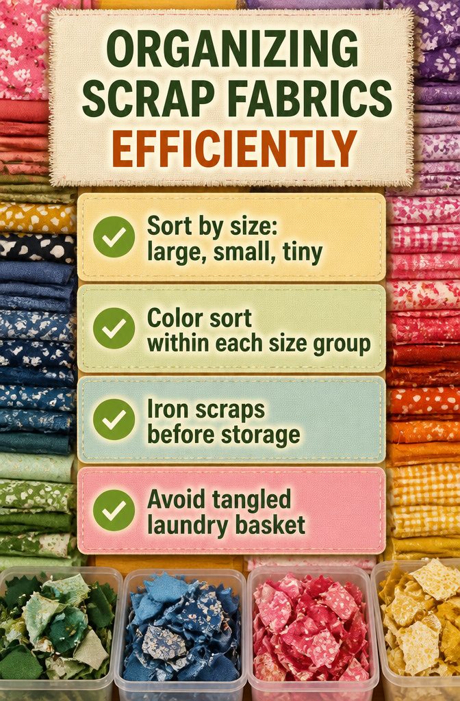 Neatly sorted fabric scraps arranged by size and color in storage.