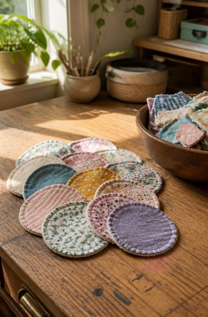 Patchwork of fabric scraps formed into reusable make-up remover pads.