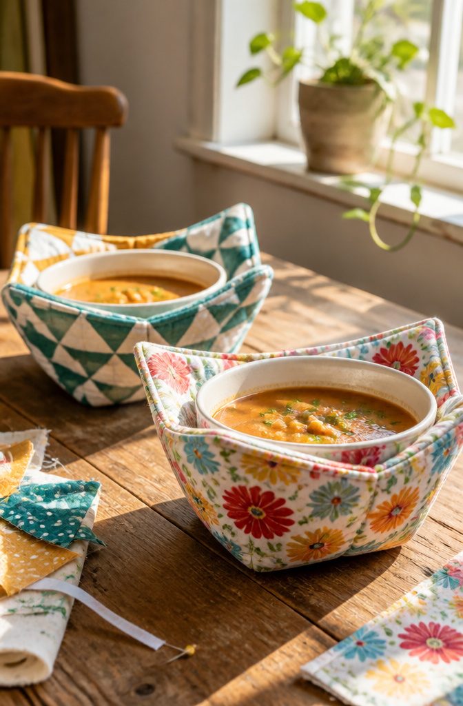 15 Sewing Crafts for Adults: Easy Projects to Make 1 Bowl cozy made from quilting cotton and cotton batting.