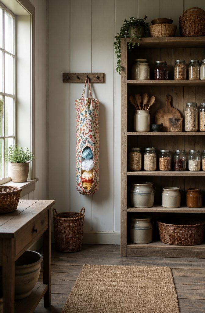 15 Sewing Crafts for Adults: Easy Projects to Make 3 Fabric tube grocery bag holder hanging in a pantry.