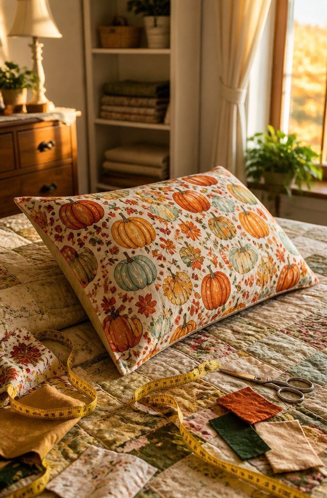 15 Sewing Crafts for Adults: Easy Projects to Make 5 Pillowcase made from one yard of fabric displayed on a quilt.