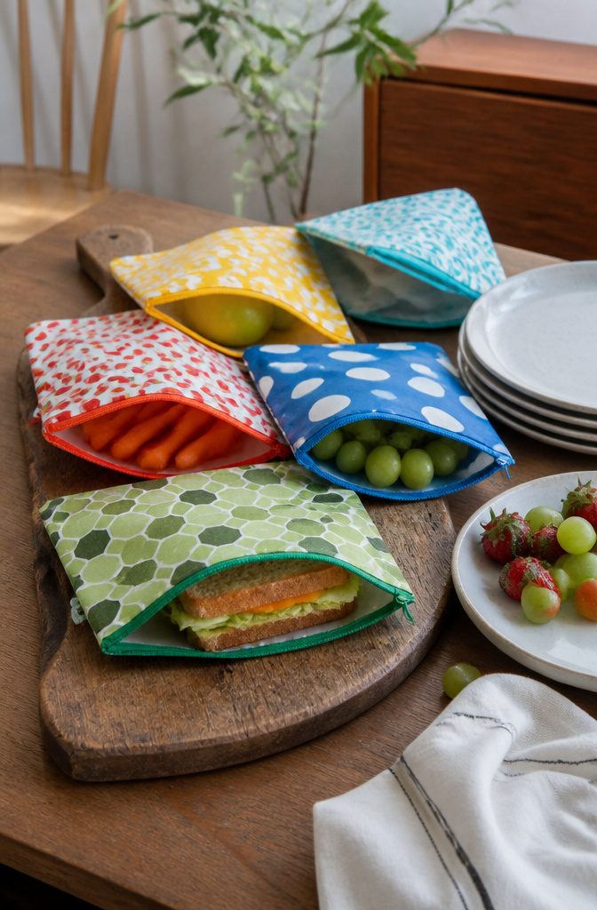 15 Sewing Crafts for Adults: Easy Projects to Make 15 Collection of laminated fabric sandwich bags on a cutting board.