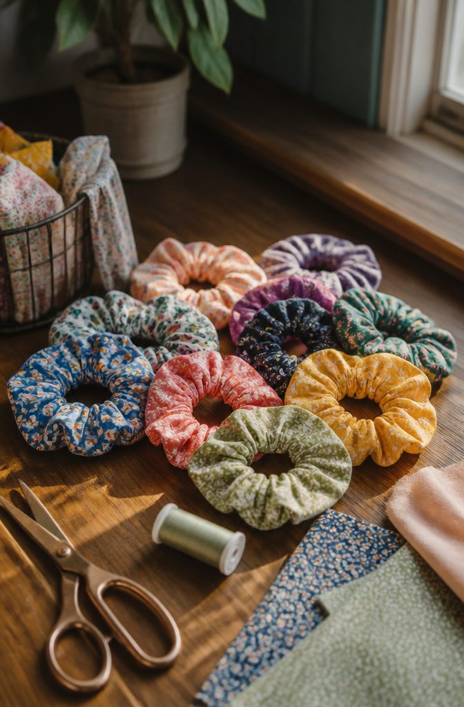 15 Sewing Crafts for Adults: Easy Projects to Make 11 Collection of fabric scrunchies on a wooden countertop.