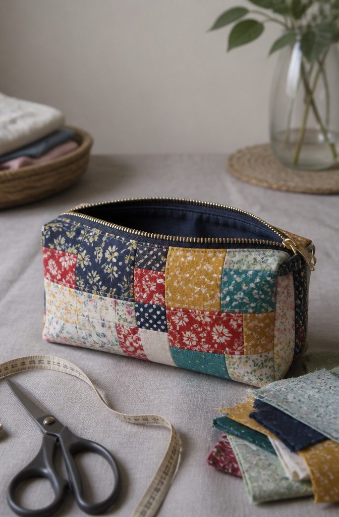 15 Sewing Crafts for Adults: Easy Projects to Make 2 Zipper bag made from colorful cotton scraps on a gray backdrop.