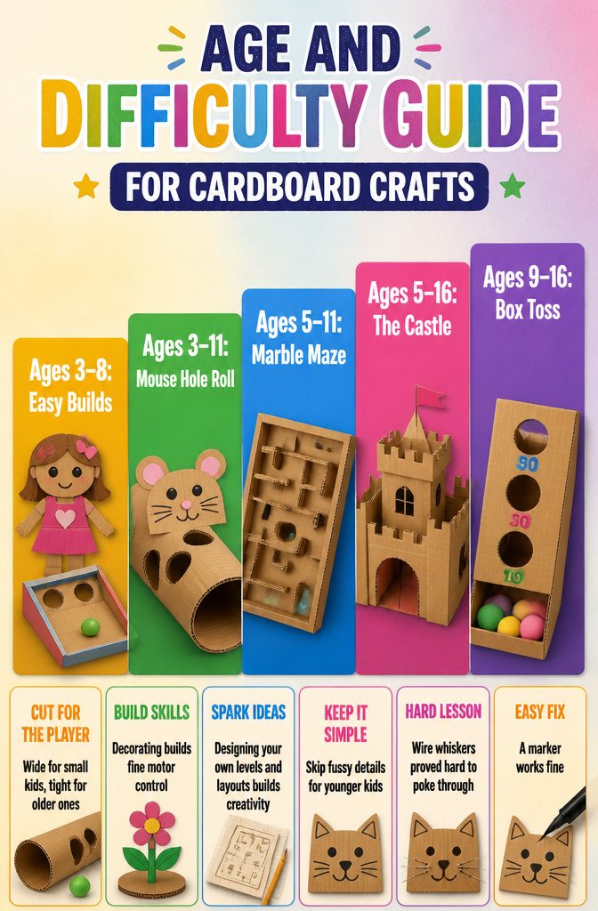 10 Simple Cardboard Crafts Kids Can Make: Easy Ideas 12 A chart showing age ranges and difficulty levels for various cardboard craft projects.