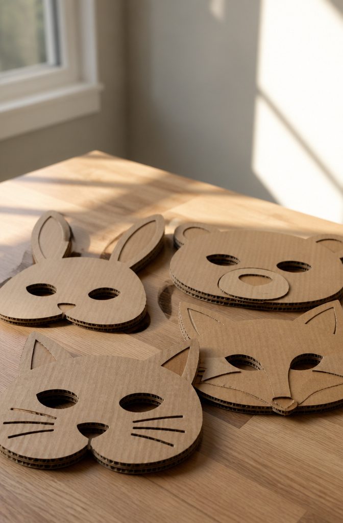 10 Simple Cardboard Crafts Kids Can Make: Easy Ideas 9 Cardboard animal masks with eye holes cut out, ready for kids to decorate.