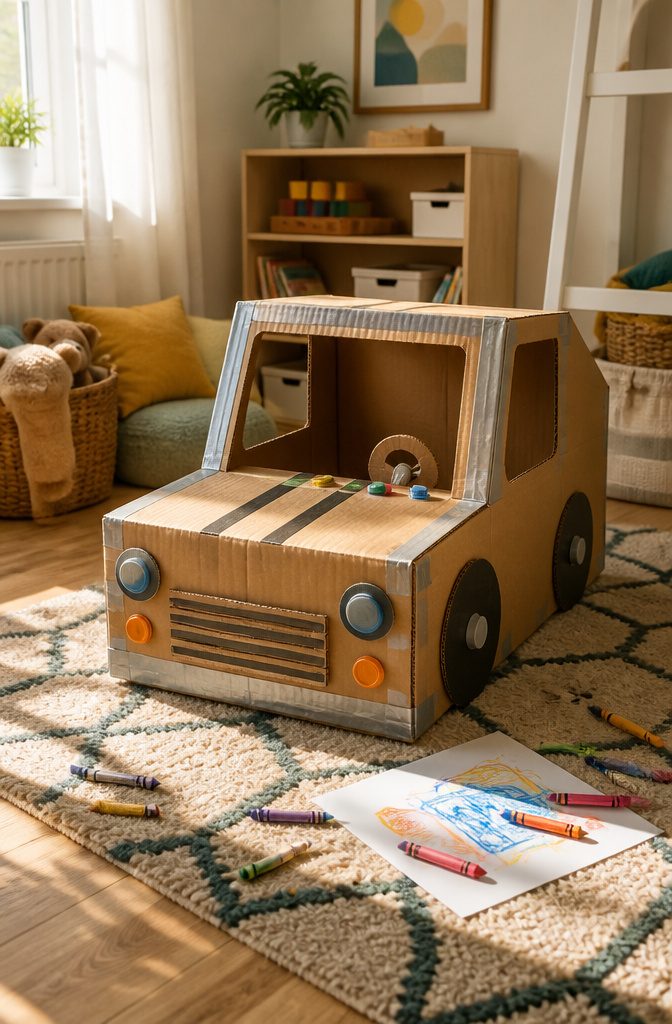 10 Simple Cardboard Crafts Kids Can Make: Easy Ideas 2 A large cardboard box car with cut-outs for head and arms, decorated with bottle caps.