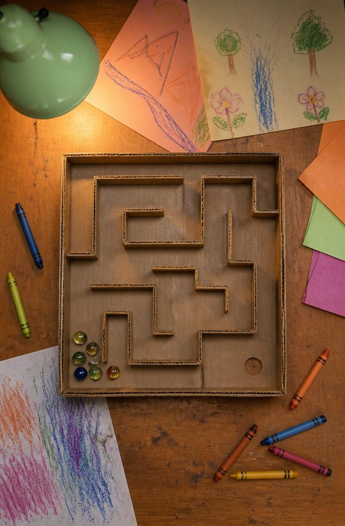 10 Simple Cardboard Crafts Kids Can Make: Easy Ideas 7 A cardboard maze with walls made from strips, designed for marbles to roll through.