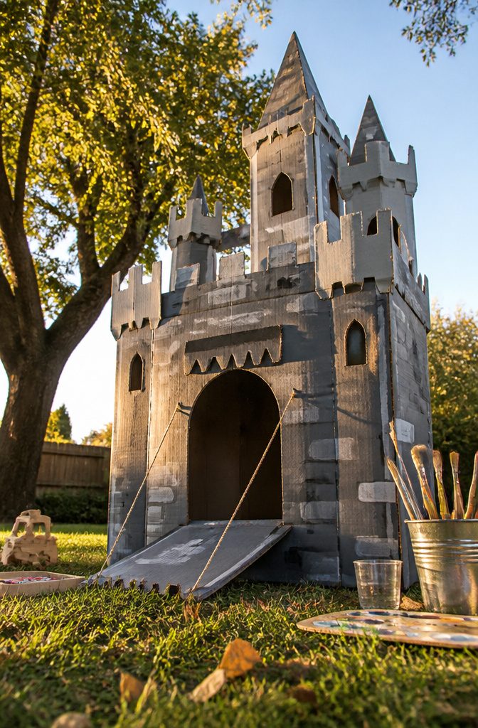 10 Simple Cardboard Crafts Kids Can Make: Easy Ideas 6 A cardboard castle with towers, windows, and a drawbridge made from a shipping box.