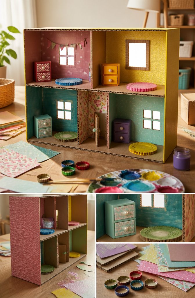 10 Simple Cardboard Crafts Kids Can Make: Easy Ideas 3 A cardboard box turned into a dollhouse, featuring rooms and furnishings made from scraps.