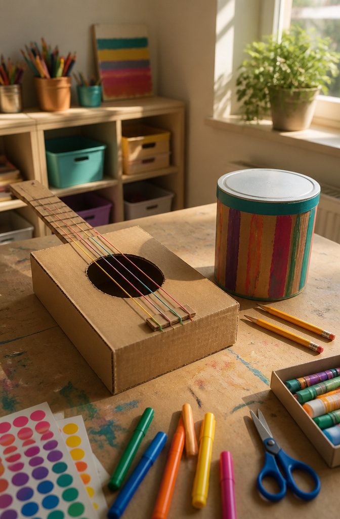 10 Simple Cardboard Crafts Kids Can Make: Easy Ideas 8 A cardboard guitar and drum set up in an art corner, ready for play and decoration.